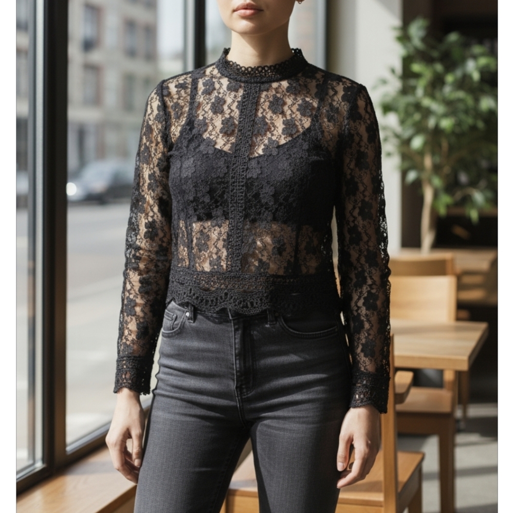 High neck victorian lace sheer top bohemian